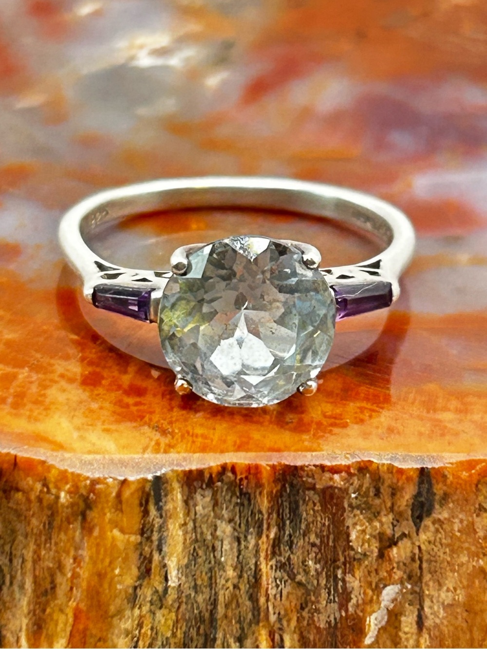 Vintage topaz and amethyst sterling silver cocktail ring - size 9